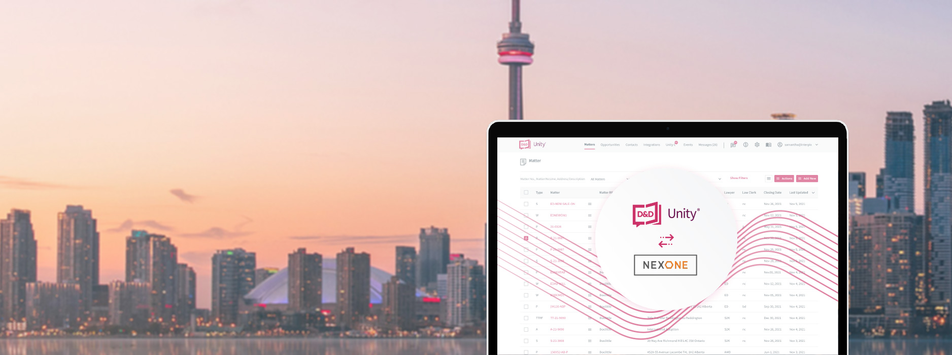 The Unity and Nexone Integration opened on a laptop, with the Toronto skyline visible in the background