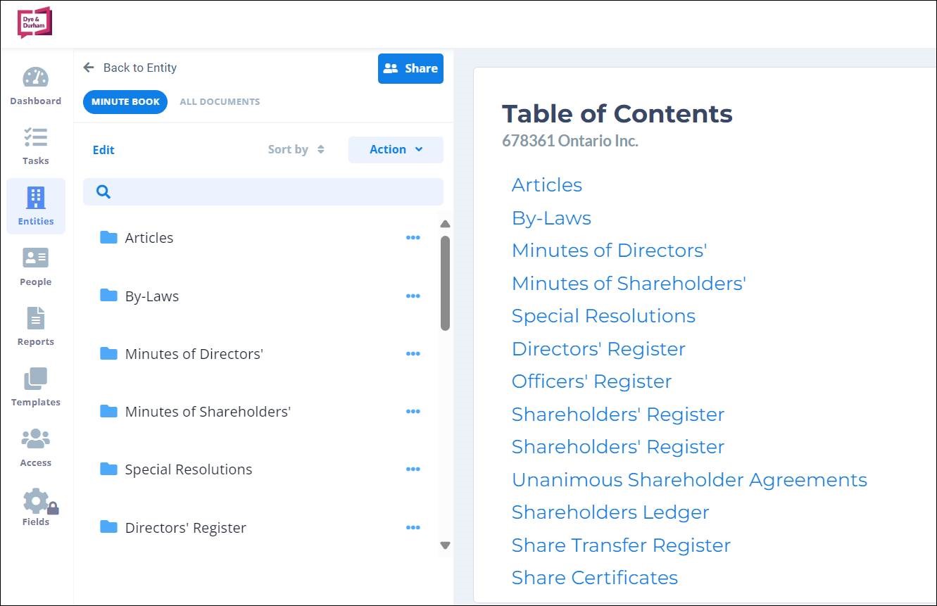 View of Unity Entity Management Minute Book